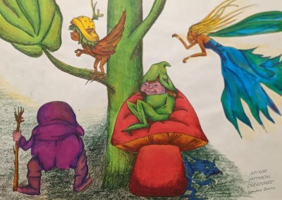 Mythical Creatures - Sandra Burns ART - nature art, mythical creatures art, old man standing on ground, bird elf in tree, elf sitting on a mushroom, flying fairy with blonde hair and blue dress - nature art for sale, original artwork reproduced on limited edition wall art print