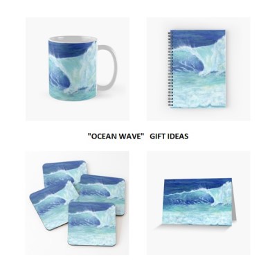OCEAN WAVE - Sandra Burns ART - nature art, blue ocean wave painting, crashing wave, blue water, white sea-spray, white shore wash - nature art for sale, original artwork reproduced on giftware - ceramic mugs, spiral notebooks, drink coasters, greeting cards