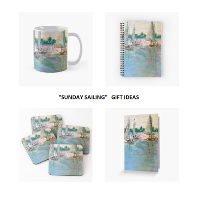 SUNDAY SAILING - Sandra Burns ART - nature art, boats sailing on the Swan River in Perth Western Australia, pink evening sunset sky reflecting on the water, sunset sailing, watercolour, pastel crayon - nature art for sale, original artwork reproduced on giftware - ceramic mugs, spiral notebooks, drink coasters, greeting cards