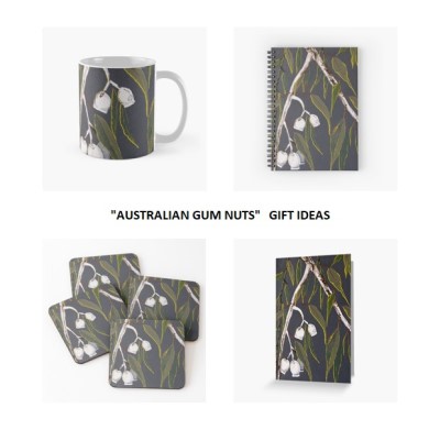 GUMNUTS IN THE MORNING SUN - Australian gum tree painting - Sandra Burns ART - nature art, eucalyptus gum tree and gum nuts, green grey white yellow, white and brown bark, green and blue leaves, grey background, yellow sunlight glistening on the leaves, escape to the quiet of the Australian bush - nature art for sale, original artwork reproduced on giftware - ceramic mugs, spiral notebooks, drink coasters, greeting cards
