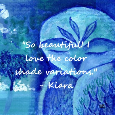 BLUE DAWN - Sandra Burns ART - nature art, blue owl painting, shades of blue turquoise and white, blue and white painting of owl and trees, owl feathers trees mist clouds, feeling serene and peaceful, wise owl, wisdom - nature art for sale, original acrylic painting on paper