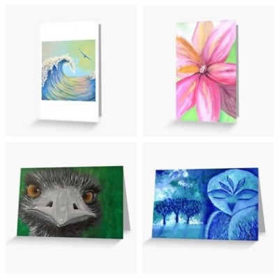 Greeting Cards - 4 separate designs - Sandra Burns ART - nature art, by the sea, pink flower painting, australian emu painting, blue owl painting - original artwork reproduced on greeting cards