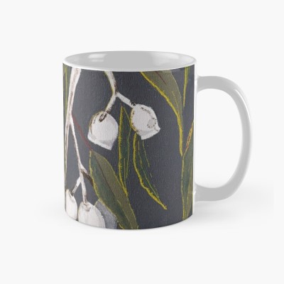 GUMNUTS IN THE MORNING SUN - Australian gum tree painting - Sandra Burns ART - nature art, eucalyptus gum tree and gum nuts, green grey white yellow, white and brown bark, green and blue leaves, grey background, yellow sunlight glistening on the leaves, escape to the quiet of the Australian bush - nature art for sale, original artwork reproduced on ceramic mugs