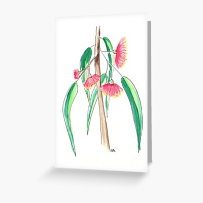 GUM TREE TUTUS - Sandra Burns ART - nature art, Australian gum tree flower painting, red green brown, flowers that look like ballerina tutus, the feeling of summer, feeling at peace - nature art for sale, original artwork reproduced on greeting cards