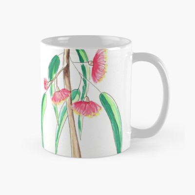 GUM TREE TUTUS - Sandra Burns ART - nature art, Australian gum tree flower painting, red green brown, flowers that look like ballerina tutus, the feeling of summer, feeling at peace - nature art for sale, original artwork reproduced on ceramic mug