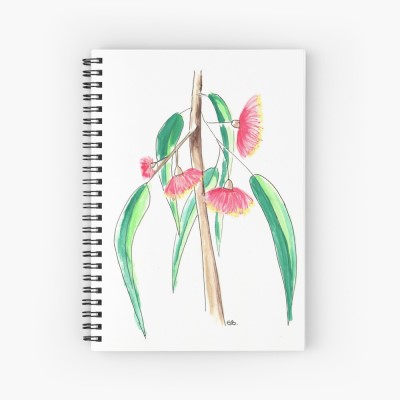 GUM TREE TUTUS - Sandra Burns ART - nature art, Australian gum tree flower painting, red green brown, flowers that look like ballerina tutus, the feeling of summer, feeling at peace - nature art for sale, original artwork reproduced on cover of spiral notebook