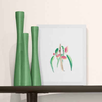 GUM TREE TUTUS - Sandra Burns ART - nature art, Australian gum tree flower painting, red green brown, flowers that look like ballerina tutus, the feeling of summer, feeling at peace - nature art for sale, original watercolour painting on paper