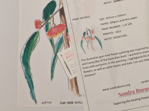 GUM TREE TUTUS - Sandra Burns ART - nature art, Australian gum tree flower painting, red green brown, flowers that look like ballerina tutus, the feeling of summer, feeling at peace - nature art for sale, original artwork reproduced on limited edition wall art prints, image shows what to expect when you purchase