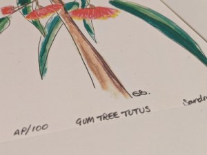 GUM TREE TUTUS - Sandra Burns ART - nature art, Australian gum tree flower painting, red green brown, flowers that look like ballerina tutus, the feeling of summer, feeling at peace - nature art for sale, original artwork reproduced on limited edition wall art prints, image shows 'artists proof' copy