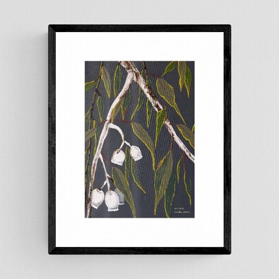 AUSTRALIAN GUM NUTS - Australian gum tree painting - Sandra Burns ART - nature art, eucalyptus gum tree and gum nuts, green grey white yellow, white and brown bark, green and blue leaves, grey background, yellow sunlight glistening on the leaves, escape to the quiet of the Australian bush - nature art for sale, original artwork reproduced on limited edition wall art print in black frame