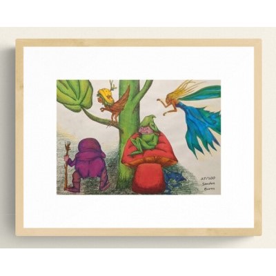 Mythical Creatures - Sandra Burns ART - nature art, mythical creatures art, old man standing on ground, bird elf in tree, elf sitting on a mushroom, flying fairy with blonde hair and blue dress - original artwork reproduced on deluxe wall art print