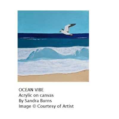 OCEAN VIBE - Sandra Burns ART - nature art, looking out to see as a seagull flies past, deep blue water, light blue wave, white splashes of water on the crest of the wave, white shore wash lapping up to the sand, blue, green, water, wave, sea, splash, surf, sky, seagull, summertime, memories of summer - nature art for sale, original acrylic painting on stretched canvas