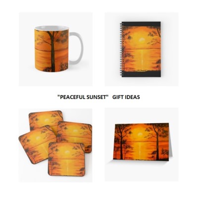 PEACEFUL SUNSET - Sandra Burns ART - nature art, orange sunset painting, a glorious sunset of red and yellow, golden sun reflecting across the water, framed by black silhouette trees - nature art for sale, original artwork reproduced on giftware - ceramic mugs, spiral notebooks, drink coasters, greeting cards