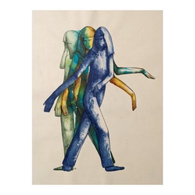 TURN AROUND - Sandra Burns ART - nature art, new beginnings artwork, images of a woman turning around, transferring weight from one foot to the other as she takes a step away from where she is, blue green yellow, moving away from your current situation - nature art for sale, original mixed media painting on paper