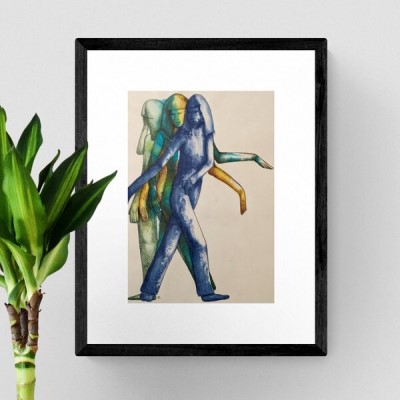 TURN AROUND - Sandra Burns ART - nature art, new beginnings artwork, images of a woman turning around, transferring weight from one foot to the other as she takes a step away from where she is, blue green yellow, moving away from your current situation - nature art for sale, original mixed media painting on paper - shown in black frame