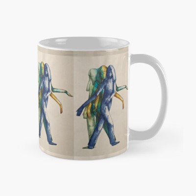 TURN AROUND - Sandra Burns ART - nature art, new beginnings artwork, images of a woman turning around, transferring weight from one foot to the other as she takes a step away from where she is, blue green yellow, moving away from your current situation - original artwork reproduced on ceramic mug