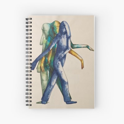 TURN AROUND - Sandra Burns ART - nature art, new beginnings artwork, images of a woman turning around, transferring weight from one foot to the other as she takes a step away from where she is, blue green yellow, moving away from your current situation - original artwork reproduced on spiral notebook cover