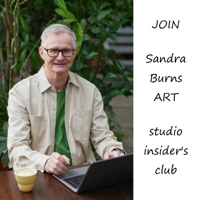 Sandra Burns ART - Studio Insider's Club - an invitation to join my monthly newsletter - image shows happy subscriber with a cup of coffee and his laptop