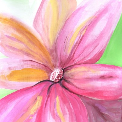 BLOOMING DELIGHT - Sandra Burns ART - nature art, bright pink flower painting with yellow highlights against a bright green background - nature art for sale, original watercolour painting on paper