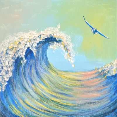 BY THE SEA - Sandra Burns ART - nature art for sale, looking along the curl of a wave, with pink and yellow reflections on the water, white splashes of water on the crest of the wave, and a seagull flying alongside, blue, green, yellow, pink, water, wave, sea, splash, surf, sky, seagull, summertime, memories of summer, acrylic painting on stretched canvas