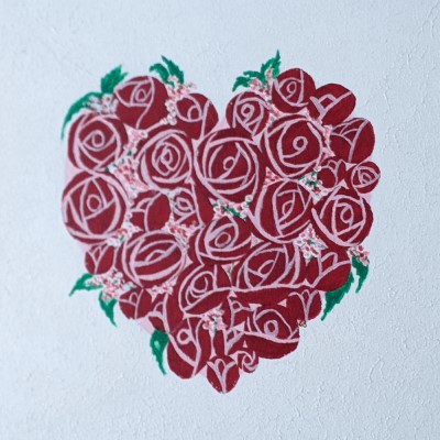 HEART OF ROSES - Sandra Burns ART - nature art, red roses heart painting, crimson red pink white green, red roses placed in the shape of a heart, thinking of you, love, romance - nature art for sale, original acrylic painting on canvas