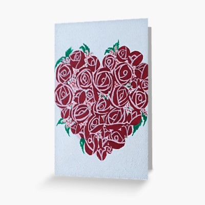 HEART OF ROSES - Sandra Burns ART - nature art, red roses heart painting, crimson red pink white green, red roses placed in the shape of a heart, thinking of you, love, romance - original artwork reproduced on greeting card