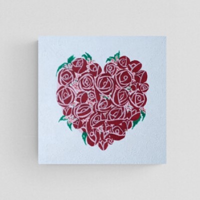 HEART OF ROSES - Sandra Burns ART - nature art, red roses heart painting, crimson red pink white green, red roses placed in the shape of a heart, thinking of you, love, romance - nature art for sale, original acrylic painting on canvas