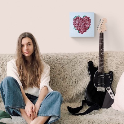 HEART OF ROSES - Sandra Burns ART - nature art, red roses heart painting, crimson red pink white green, red roses placed in the shape of a heart, thinking of you, love, romance - nature art for sale, original acrylic painting on canvas