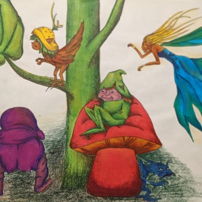 MYTHICAL CREATURES - Sandra Burns ART - nature art, mythical creatures art, old man standing on ground, bird elf in tree, elf sitting on a mushroom, flying fairy with blonde hair and blue dress - nature art for sale, indian ink, chinagraph pencil, wax pencil, original mixed media painting on paper