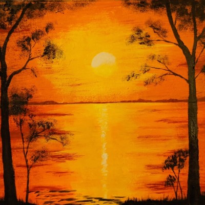 PEACEFUL SUNSET - Sandra Burns ART - nature art, a glorious sunset or red and yellow, golden sun reflecting across the water, framed by black silhouette trees, acrylic painting on paper