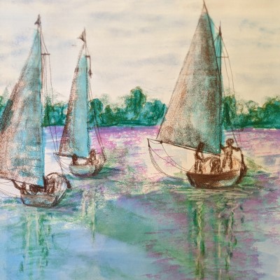 SUNDAY SAILING - Sandra Burns ART - nature art, boats sailing on the Swan River in Perth Western Australia, pink evening sunset sky reflecting on the water, sunset sailing, watercolour, pastel crayon - nature art for sale, original mixed media painting on paper