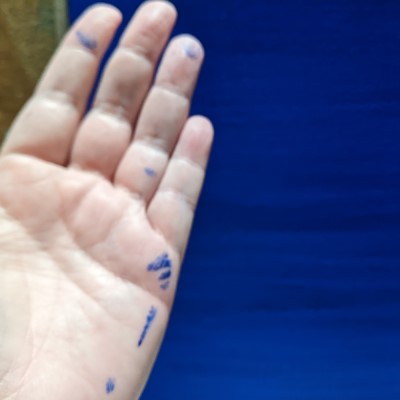 Sandra Burns ART Studio - a sneak peek inside the studio where the artwork is made - blue paint on my hand