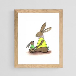 BUNNY LOVE - Sandra Burns ART - nature art, bunny nursery art, children's décor bunny painting, mother and child bunny rabbits, brown yellow green pink, holding hands, deep in love, maternal instinct - nature art for sale, original watercolour painting on paper