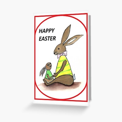 BUNNY LOVE - Sandra Burns ART - nature art, bunny nursery art, children's décor bunny painting, mother and child bunny rabbits, brown yellow green pink, holding hands, deep in love, maternal instinct - nature art for sale, original artwork reproduced on greeting card