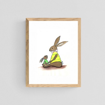 BUNNY LOVE - Sandra Burns ART - nature art, bunny nursery art, children's décor bunny painting, mother and child bunny rabbits, brown yellow green pink, holding hands, deep in love, maternal instinct - nature art for sale, original artwork reproduced on deluxe open-edition print, shown in 'oak' frame with white matt surround