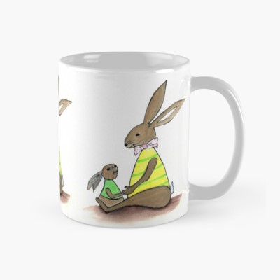 BUNNY LOVE - Sandra Burns ART - nature art, bunny nursery art, children's décor bunny painting, mother and child bunny rabbits, brown yellow green pink, holding hands, deep in love, maternal instinct - nature art for sale, original artwork reproduced on ceramic mug