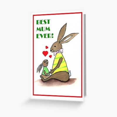 BUNNY LOVE - Sandra Burns ART - nature art, bunny nursery art, children's décor bunny painting, mother and child bunny rabbits, brown yellow green pink, holding hands, deep in love, maternal instinct - nature art for sale, original artwork reproduced on greeting card