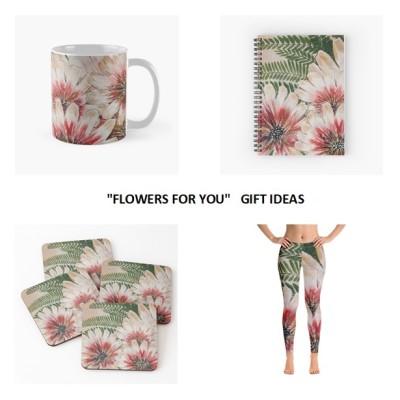 FLOWERS FOR YOU - Sandra Burns ART - nature art, glorious crimson gold and white flower painting with gold highlights on the petals, deep green fish fern, tan background - original artwork reproduced on giftware items - ceramic mug, spiral notebook, drink coasters and leggings