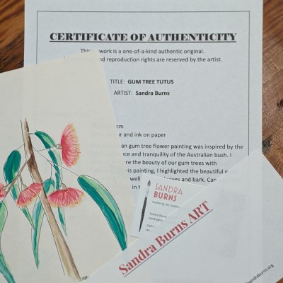 GUM TREE TUTUS - Sandra Burns ART - nature art, Australian gum tree flower painting, red green brown, flowers that look like ballerina tutus, the feeling of summer, feeling at peace - nature art for sale, original watercolour and ink pen painting on paper, image shows what to expect when you purchase