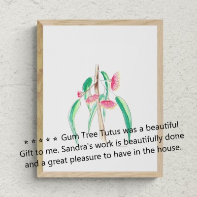 GUM TREE TUTUS - Sandra Burns ART - nature art, Australian gum tree flower painting, red green brown, flowers that look like ballerina tutus, the feeling of summer, feeling at peace - nature art for sale, original artwork reproduced on limited edition wall art prints, shown in 'oak' frame