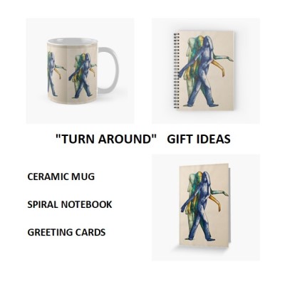 TURN AROUND - Sandra Burns ART - nature art, new beginnings artwork, images of a woman turning around, transferring weight from one foot to the other as she takes a step away from where she is, blue green yellow, moving away from your current situation - nature art for sale, original artwork reproduced on giftware - ceramic mugs, spiral notebooks, greeting cards