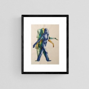 TURN AROUND - Sandra Burns ART - nature art, new beginnings artwork, images of a woman turning around, transferring weight from one foot to the other as she takes a step away from where she is, blue green yellow, moving away from your current situation - nature art for sale, original artwork reproduced on open edition wall art print