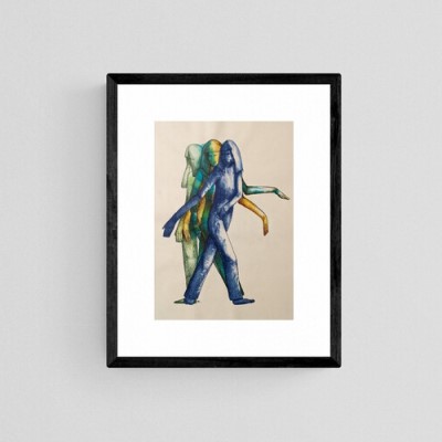 TURN AROUND - Sandra Burns ART - nature art, new beginnings artwork, images of a woman turning around, transferring weight from one foot to the other as she takes a step away from where she is, blue green yellow, moving away from your current situation - nature art for sale, original artwork reproduced on open edition wall art print