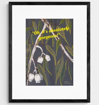 GUMNUTS IN THE MORNING SUN - Australian gum tree painting - Sandra Burns ART - nature art, eucalyptus gum tree and gum nuts, green grey white yellow, white and brown bark, green and blue leaves, grey background, yellow sunlight glistening on the leaves, escape to the quiet of the Australian bush - nature art for sale, original artwork reproduced on limited edition wall art prints, shown in 'black' frame