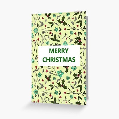 CHRISTMAS FLORAL - Sandra Burns ART - nature art, christmas floral pattern, repeating pattern with holly berries leaves flowers, red green blue black, merry christmas seasons greetings - for sale, original artwork reproduced on greeting card