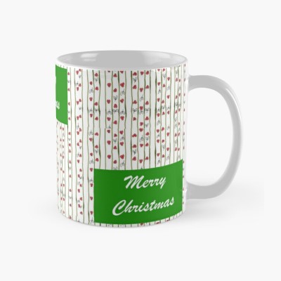 CHRISTMAS LINES - Sandra Burns ART - nature art, christmas lines pattern, repeating pattern with holly berries leaves, red green white black, merry christmas seasons greetings - for sale, original artwork reproduced on ceramic mug