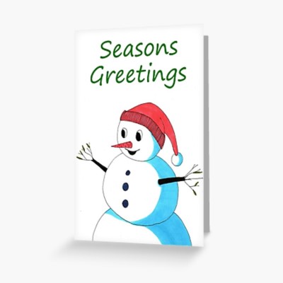 HAPPY SNOWMAN - Sandra Burns ART - nature art, happy snowman, snowman with red hat and twig arms, red blue green white, smiling snowman with carrot nose and buttons, merry christmas seasons greetings - original artwork reproduced onto greeting card