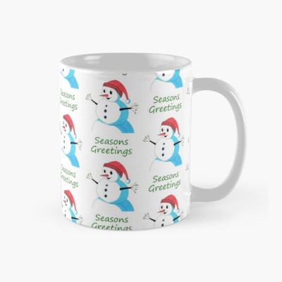 HAPPY SNOWMAN - Sandra Burns ART - nature art, happy snowman, snowman with red hat and twig arms, red blue green white, smiling snowman with carrot nose and buttons, merry christmas seasons greetings - original artwork reproduced onto ceramic mug