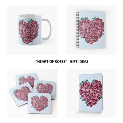 HEART OF ROSES - Sandra Burns ART - nature art, red roses heart painting, crimson red pink white green, red roses placed in the shape of a heart, thinking of you, love, romance - original artwork reproduced on spiral notebook cover