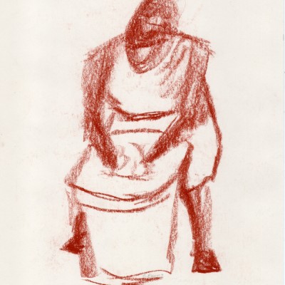 MAKING POTTERY - Sandra Burns ART - nature art, pottery maker gift ideas, a ceramic artist sitting at the pottery wheel, brown and white drawing, feel the wet clay between your fingers, it's not quite the Demi Moore pottery scene from Ghost - nature art for sale, original conte crayon drawing on paper